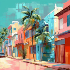 Abstract painting concept. Colorful art of a Caribbean urban landscape. Cuban culture, Generative AI.