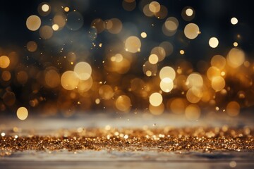 Fototapeta na wymiar Gold Christmas glowing glitter design ideal for festive background. Text space or Product Showcase. Generative Ai