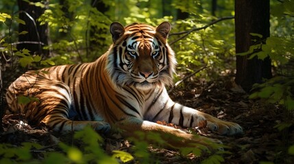 The striking pattern of a tiger's fur, captured in the dappled sunlight of a forest clearing.