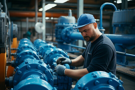 A worker at a water supply station inspects water pump valves equipment in a substation for the distribution of clean water at a large industrial estate. Water pipes