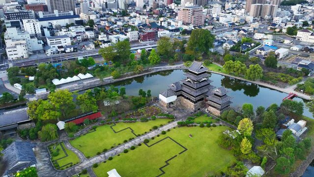 aerial view of a famous Matsumoto castle in Japan, Japanese traditional medieval feudal fortress, tourism in Nagano, Japan, ancient Japanese architecture