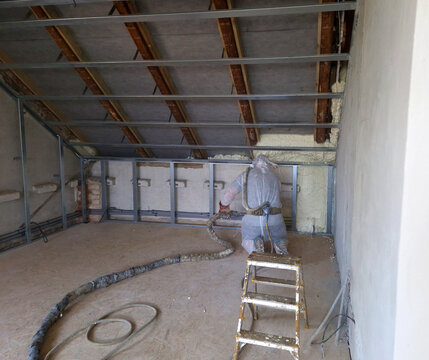installation of polyurethane foam insulation with compressed gas goes through pipe through gun straight to the structure, it sticks like mush and swells like sponge. every crevice sealed, man, pipe 