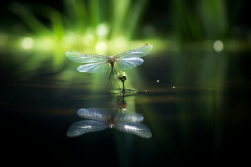 A delicate dragonfly hovering over a tranquil pond