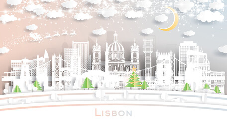 Lisbon Portugal. Winter City Skyline in Paper Cut Style with Snowflakes, Moon and Neon Garland. Christmas, New Year Concept. Lisbon Cityscape with Landmarks.