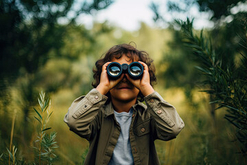 Little boy looking through binoculars in the park. Kid exploring nature - obrazy, fototapety, plakaty