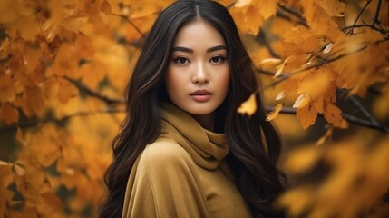 Asian woman with beautiful face behind autumn leaves