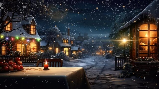 view of the house during snowfall with night light decoration with anime or cartoon style. seamless looping time-lapse virtual video animation background.