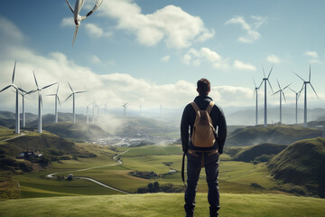 A worker standing above a wind turbine in a harness looks at the view - obrazy, fototapety, plakaty