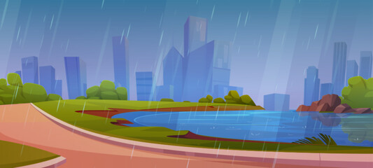 Rain in city park with lake and skyscraper view. Public garden and street scene with nature in town. Singapore backdrop outdoor environment design with river coastal scenery and nobody illustration. - obrazy, fototapety, plakaty