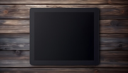 Black tablet on dark wooden surface.