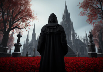 Fantasy Artwork Depicting a Hooded Figure Standing in a Meadow of Red Roses While Looking at a Cathedral - obrazy, fototapety, plakaty