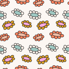 Playful groovy abstract flowers illustration. Simple hand drawn seamless pattern. Colorful cartoon style background design