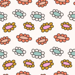 Foto auf Glas Playful groovy abstract flowers illustration. Simple hand drawn seamless pattern. Colorful cartoon style background design © Liia Lonn