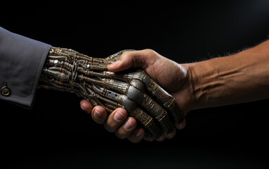 robot podaje rękę człowiekowi, wizja przyszłości - obrazy, fototapety, plakaty