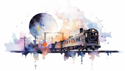 夜空と電車と線路の水彩画 - obrazy, fototapety, plakaty