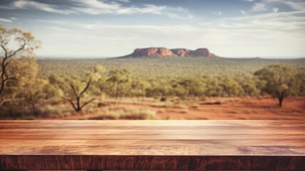 The empty wooden table top with blur background of Australian outback. Exuberant image. generative ai - obrazy, fototapety, plakaty