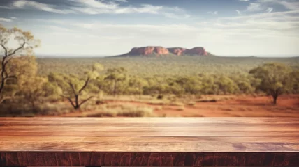 Foto op Plexiglas The empty wooden table top with blur background of Australian outback. Exuberant image. generative ai © Summit Art Creations