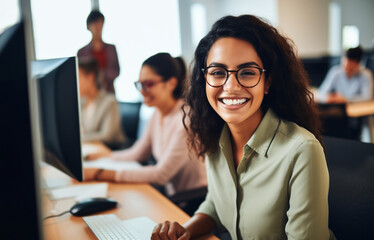 Portrait of young woman working on laptop computer in modern office, Confident  employee smiling happily while working with coworkers. - obrazy, fototapety, plakaty