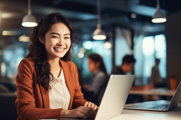 Portrait of young woman working on laptop computer in modern office, Confident  employee smiling happily while working with coworkers.