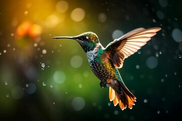 Fototapeta premium Adorable hummingbird in a moment of flight in a beautiful outdoor setting, AI-generated.