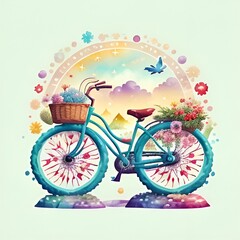 Watercolor Bicycle with Flowers, Spring thema, Cute watercolor bicycle with flowers, bicycle with floral basket