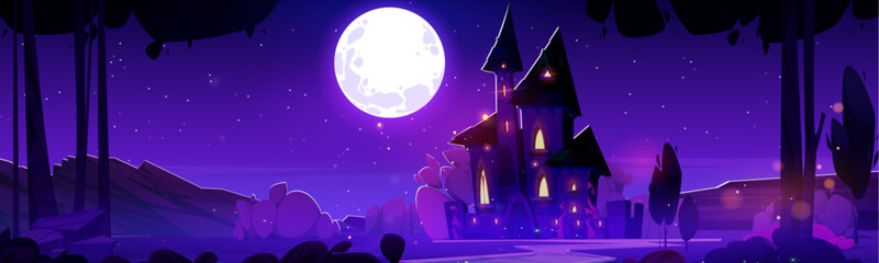 Nighttime cartoon landscape with fairytale royal medieval castle in countryside under light of full moon. Vector twilight dark purple scene with kingdom palace with towers, glowing windows and gates.