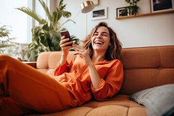 Happy excited young woman relaxing on couch using mobile phone winning in online app game. Young lucky girl feeling winner looking at cellphone, receiving great news or discount offer.