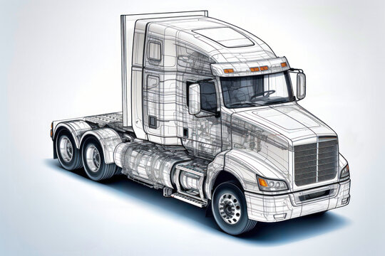Projection of a modern truck or truck. 3D graphic visualization shows the analysis and optimization of a fully developed vehicle prototype. Modern technologies of mechanical engineering.