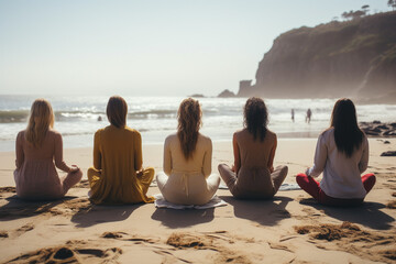 Fototapeta premium A group of women meditating on a beach sit on the sand