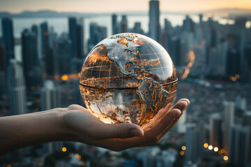 A hand holding a globe with a city in the backgroun - obrazy, fototapety, plakaty