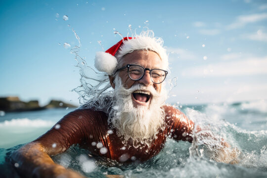An elderly man with a beard swims in the sea waves. In a Santa Claus hat. Close-up portrait. Happy emotions. Active lifestyle. Relaxation on the beach.