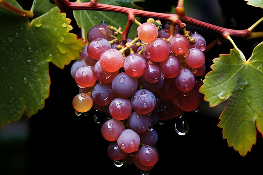 A close-up of glistening, dew-dropped grapes on a vine