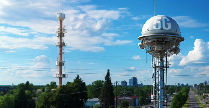 5G  metal tower antena and city in the background