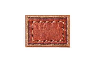 Brown leather belt strap closeup isolated on white. Brown stitched leather seam frame label tag...