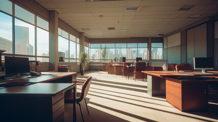 The conference table is empty in the morning at the office.