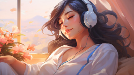 Cute girl resting while listening to soothing music