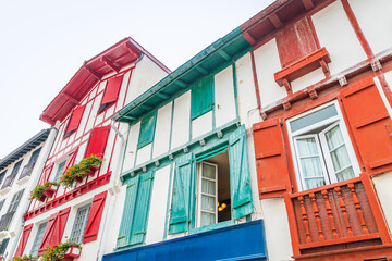 Typical colored facades of Basque country buildings in the center of Saint-Jean-de-Luz, France