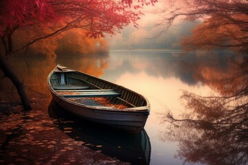 Autumnal view of a boat on a lake. Generative AI