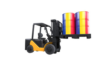 Forklift lifting fuel tank with Romania flag on transparent background, PNG file
