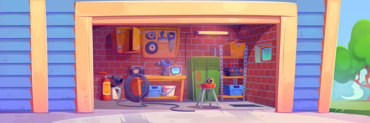 Garage room interior with furniture and instruments. Vector cartoon illustration of home workshop with repair equipment on wooden board, old tv and radio on desk, metal locker storage, green backyard