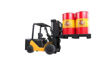 Forklift lifting fuel tank with Spain flag on transparent background, PNG file