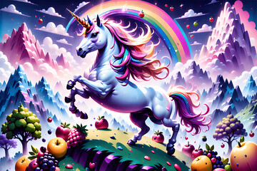unicorn jumping on the fruits land, Generative AI. 생성형 AI