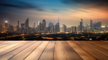 Fototapeta na wymiar The empty wooden table top with blur background of city skyline. Exuberant image. generative ai