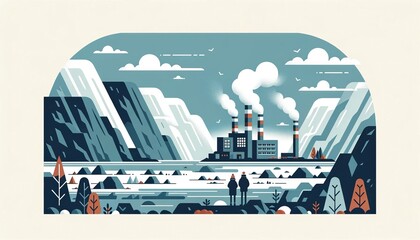 Flat minimalistic illustration of two people observing a geothermal power plant with steam rising from the ground and rocky terrain surrounding the area.