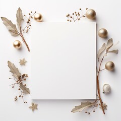 White blank paper greeting card with eco Christmas decorations,  New year holidays festive, wedding mock up - obrazy, fototapety, plakaty