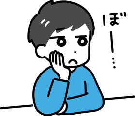 頬杖をついてぼんやりしている私服の若い男性(上半身)