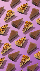 Piece slice cheesecake pattern on purple gradient background isolated vertical poster composition
