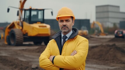 Portrait of male construction engineer wearing hard hat and vest