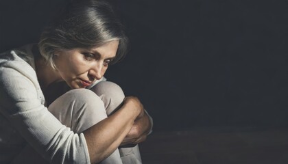 Fearful Middle-Aged Woman Embracing Knees with Copyspace - obrazy, fototapety, plakaty