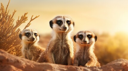 Fototapeta premium Funny animal Meerkat family see out. AI generated image